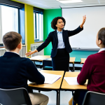 A diverse group of university students and a female professor engaged in a lively ethical discussion in a brightly lit, modern classroom. Students are seated at collaborative tables, some raising hands, others listening intently. The professor stands at the front, gesturing thoughtfully. All subjects are fully clothed in modest, appropriate attire suitable for an academic setting, reflecting a family-friendly atmosphere. The background shows whiteboards with diagrams and diverse classroom elements. This image depicts a professional and educational environment, safe for work, with appropriate content. Perfect anatomy, correct proportions, natural poses, well-formed hands, proper finger count, and natural body proportions are maintained, ensuring a high-quality, realistic photograph.