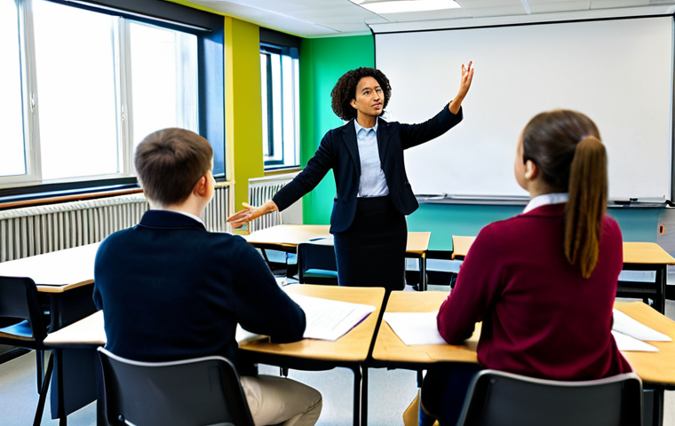 A diverse group of university students and a female professor engaged in a lively ethical discussion in a brightly lit, modern classroom. Students are seated at collaborative tables, some raising hands, others listening intently. The professor stands at the front, gesturing thoughtfully. All subjects are fully clothed in modest, appropriate attire suitable for an academic setting, reflecting a family-friendly atmosphere. The background shows whiteboards with diagrams and diverse classroom elements. This image depicts a professional and educational environment, safe for work, with appropriate content. Perfect anatomy, correct proportions, natural poses, well-formed hands, proper finger count, and natural body proportions are maintained, ensuring a high-quality, realistic photograph.