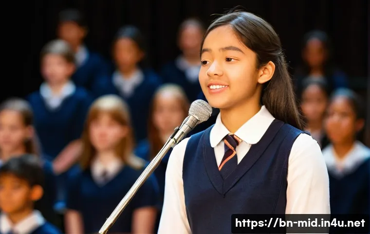 중학교 발표력 향상법 - **Prompt 1: The First Step of Courage**
    A high school student, visibly a bit nervous yet determi...
