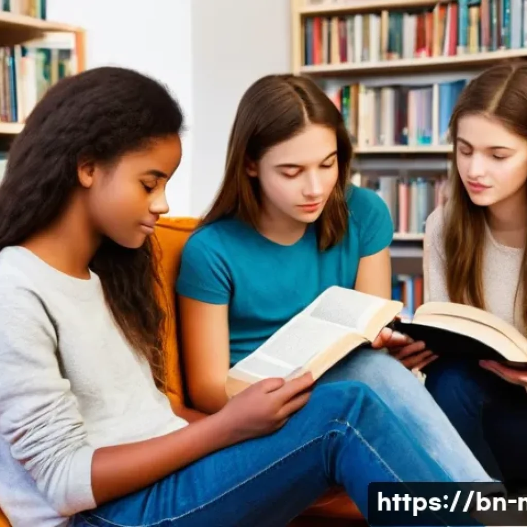 중학교 독서토론 모임 - **Prompt:** A cozy and inviting book club meeting with a diverse group of four teenagers (approximat...