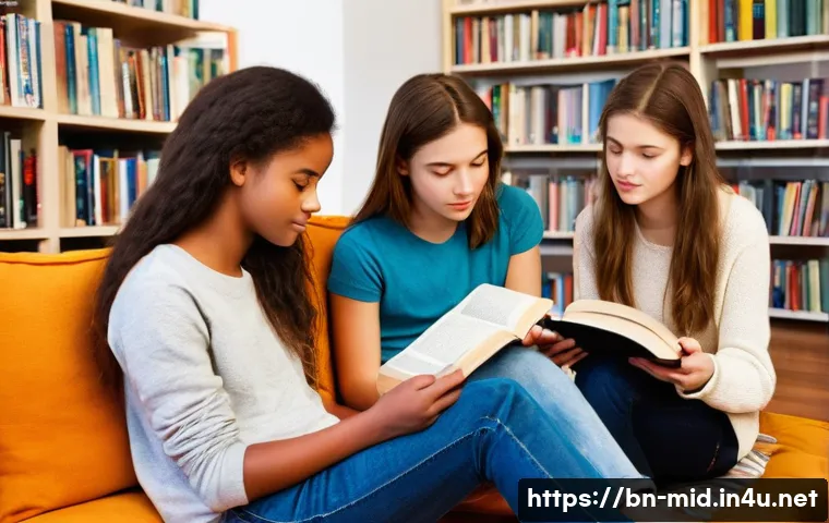 중학교 독서토론 모임 - **Prompt:** A cozy and inviting book club meeting with a diverse group of four teenagers (approximat...