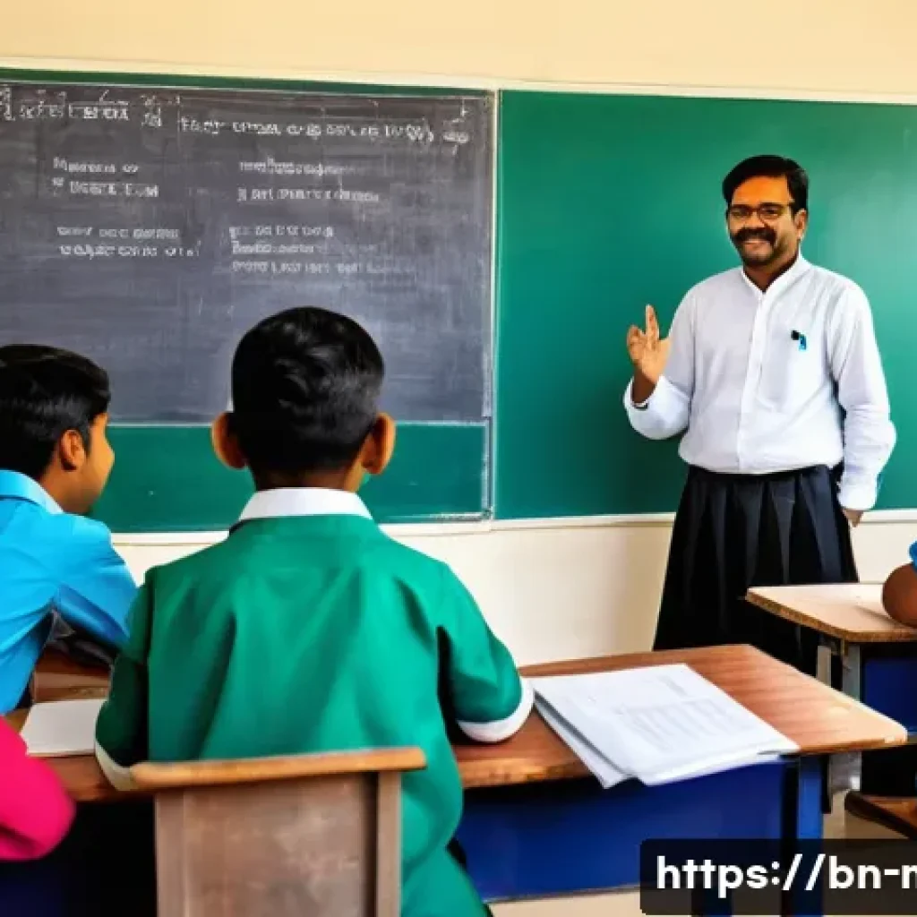 중학교 교사 역량 강화 - A modern secondary school classroom scene in Bangladesh featuring a male Bengali teacher using a lar...
