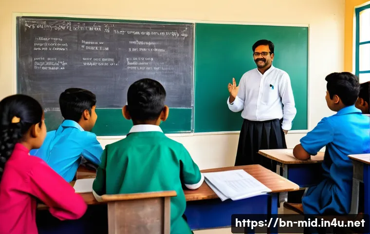 중학교 교사 역량 강화 - A modern secondary school classroom scene in Bangladesh featuring a male Bengali teacher using a lar...