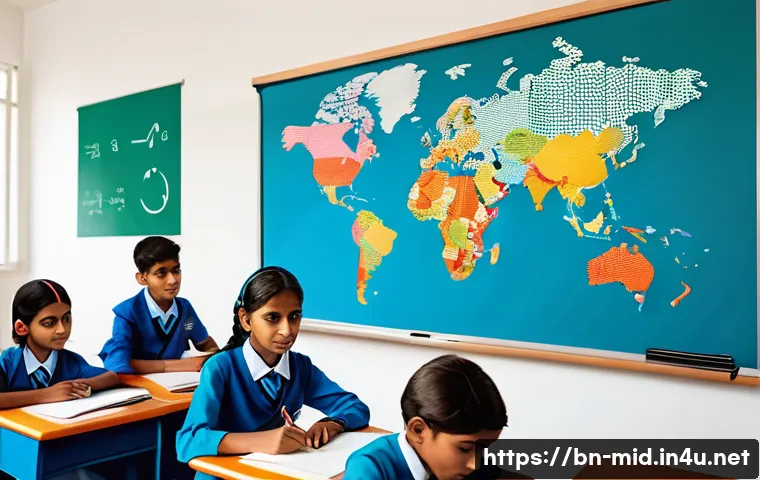 중학교 학습 피드백 제공법 - A modern classroom scene with a diverse group of Bengali students actively engaging in different lea...