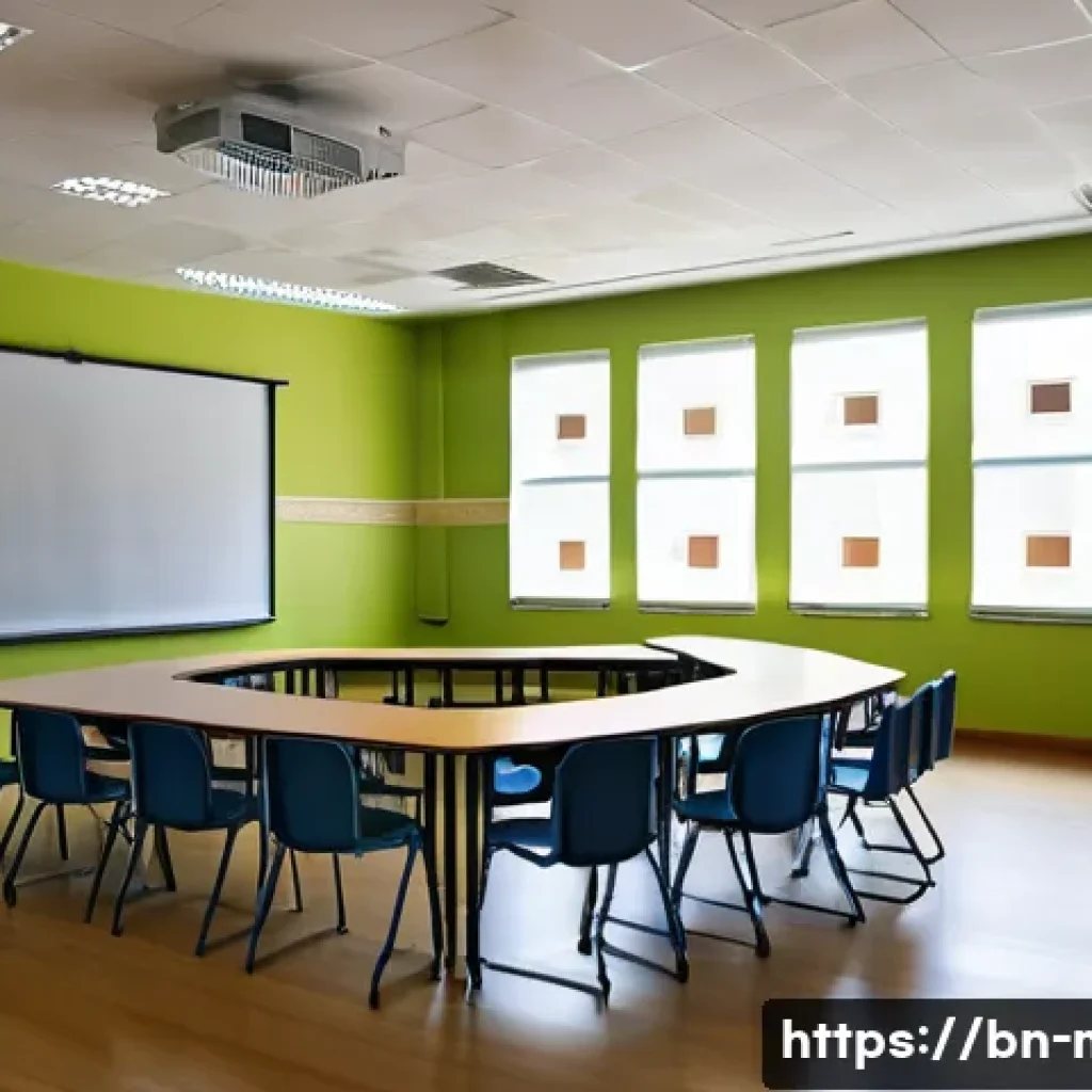 중학교 학부모 설명회 준비 - A warm and spacious school meeting room filled with natural light, comfortable seating arranged in a...