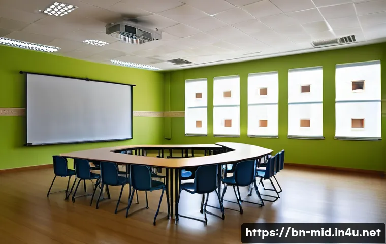 중학교 학부모 설명회 준비 - A warm and spacious school meeting room filled with natural light, comfortable seating arranged in a...