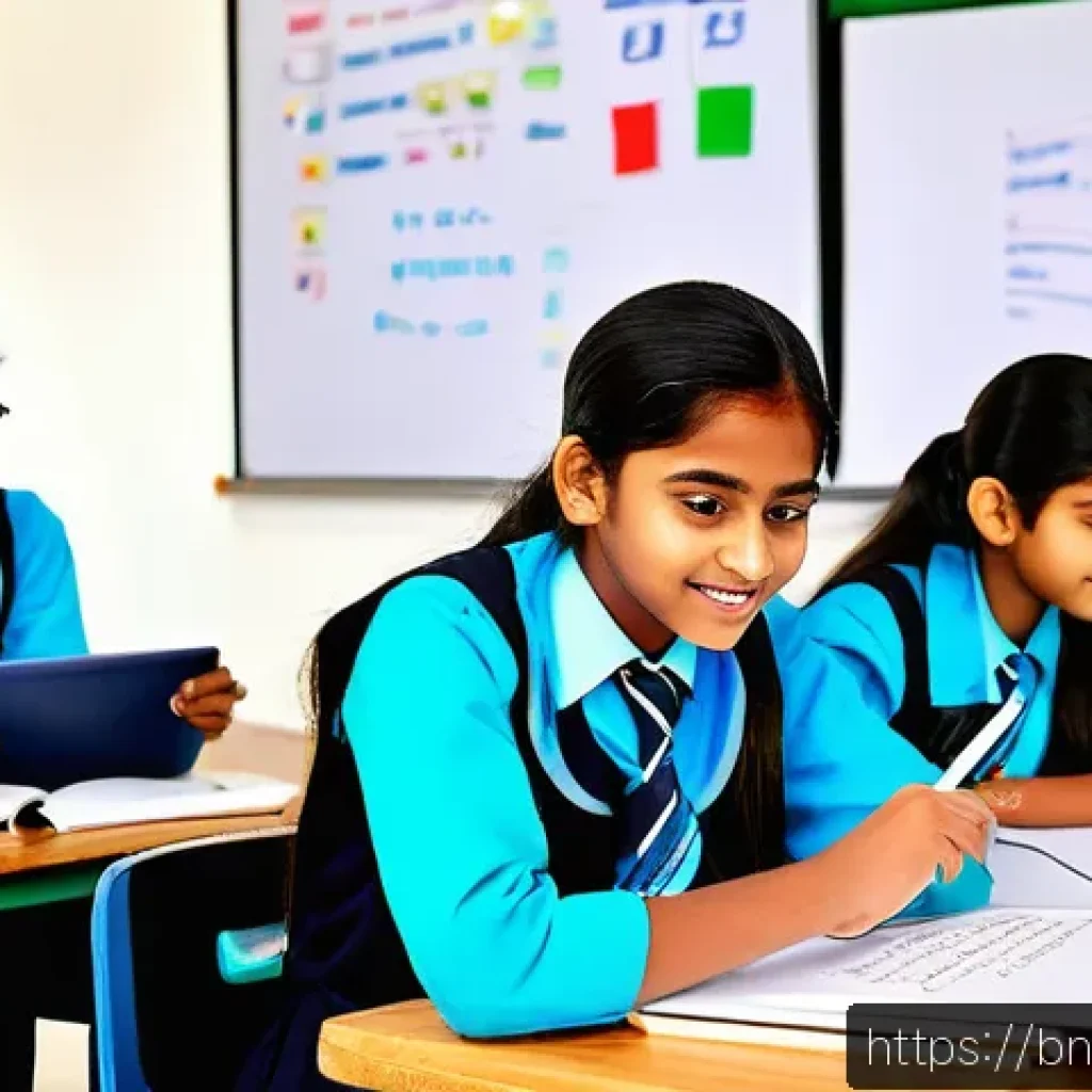중학교 인성 교육 - A diverse group of Bengali secondary school students engaged in a collaborative classroom activity, ...
