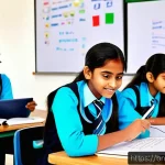 중학교 인성 교육 - A diverse group of Bengali secondary school students engaged in a collaborative classroom activity, ...