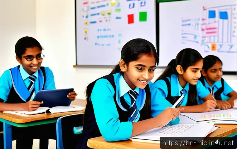 중학교 인성 교육 - A diverse group of Bengali secondary school students engaged in a collaborative classroom activity, ...