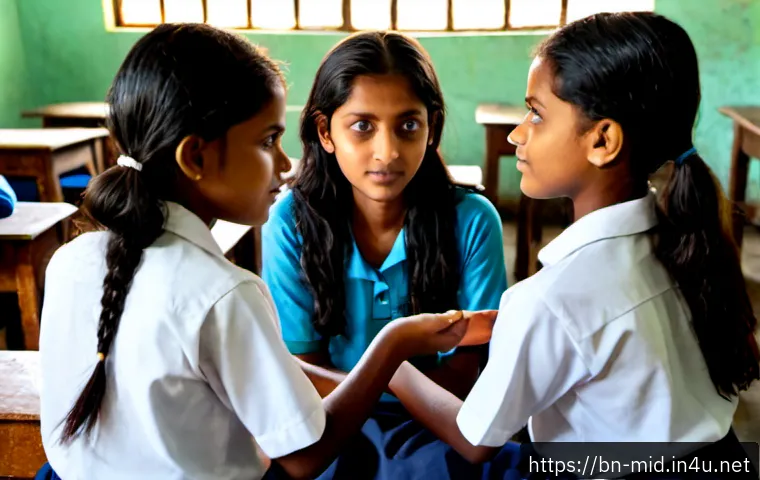 중학교 학교 폭력 예방 - Photorealistic middle school classroom in Bangladesh, a compassionate female teacher calmly facilita...