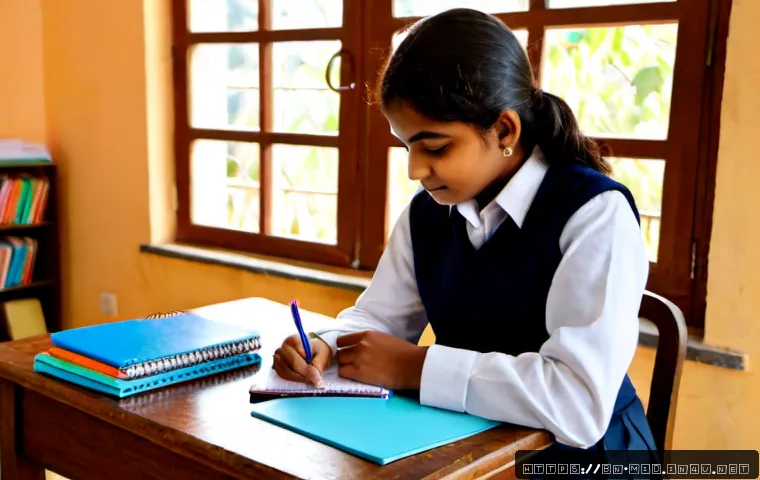 중학교 학업 성취 향상 전략 - Photorealistic middle school student in a neat modest school uniform studying at a bright wooden des...