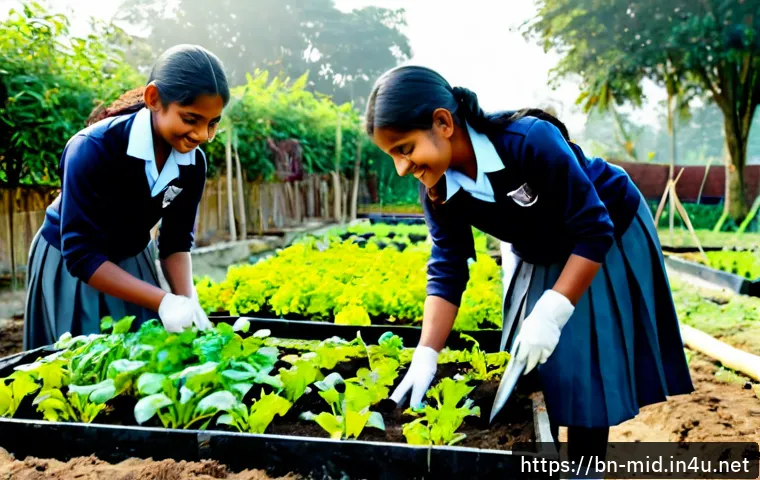 중학교 봉사 활동 - Photorealistic scene of Bangladeshi middle school students in modest school uniforms volunteering at...