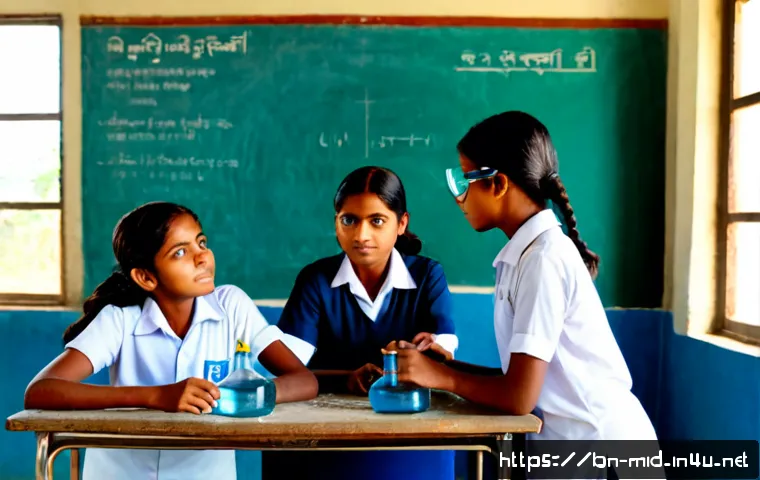 중학교 과학 실험 지도 - Photorealistic middle school science classroom in Bangladesh, a calm teacher guiding three students ...